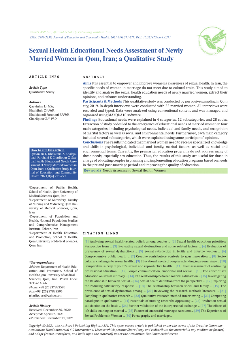 PDF) Sexual Health Educational Needs Assessment of Newly Married Women in  Qom, Iran; a Qualitative Study