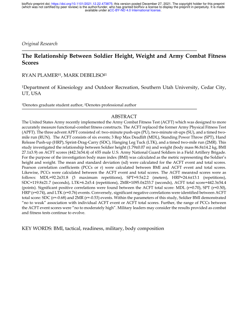 PDF) The Relationship Between Soldier Height, Weight and Army Combat Fitness  Scores