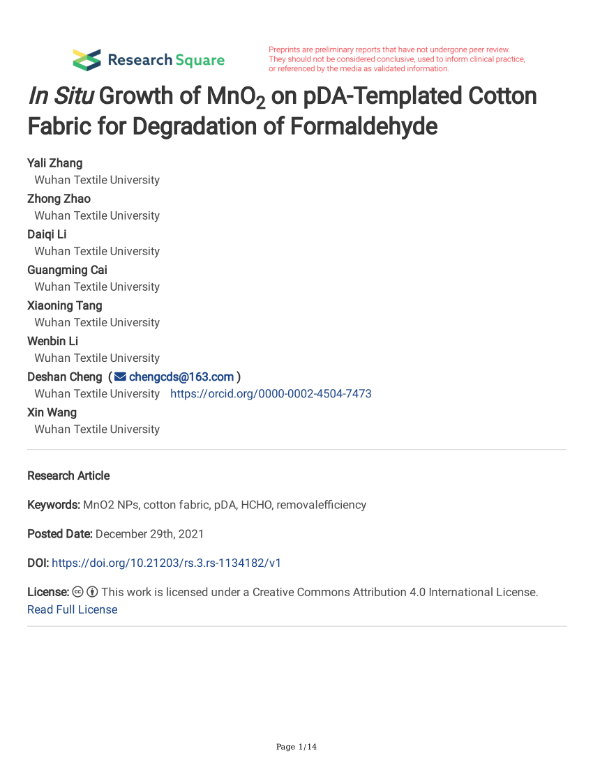PDF) In Situ Growth of MnO2 on pDA-Templated Cotton Fabric for Degradation  of Formaldehyde