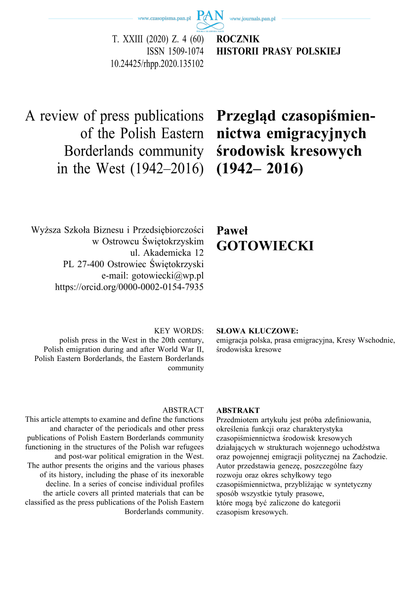 Pdf Przegląd Czasopiśmiennictwa Emigracyjnych środowisk Kresowych 1942 2016 3322