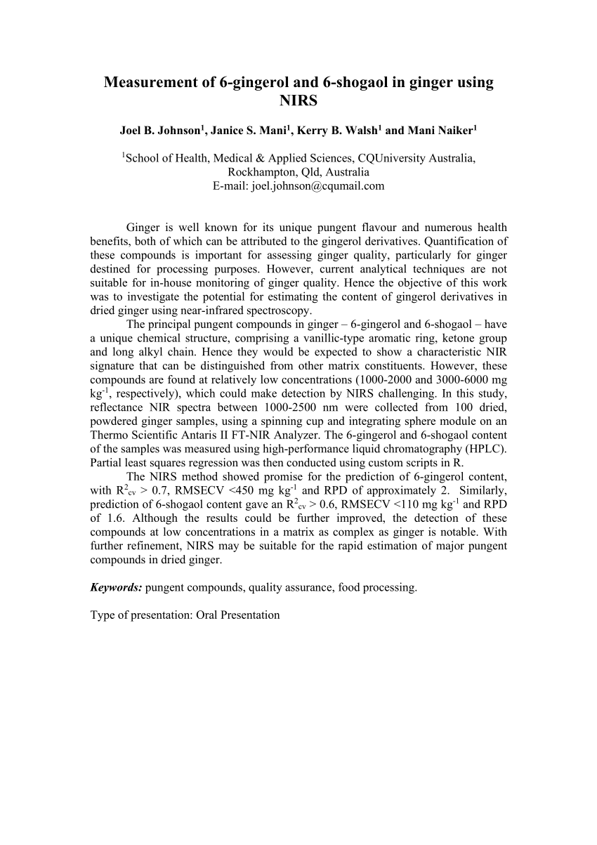 Pdf Measurement Of 6 Gingerol And 6 Shogaol In Ginger Using Nirs