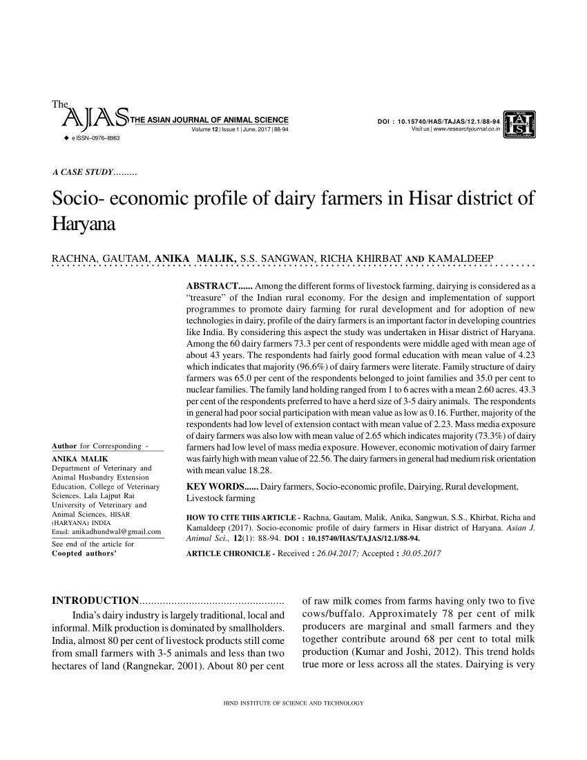 PDF) Socio-economic profile of dairy farmers in Hisar district of Haryana