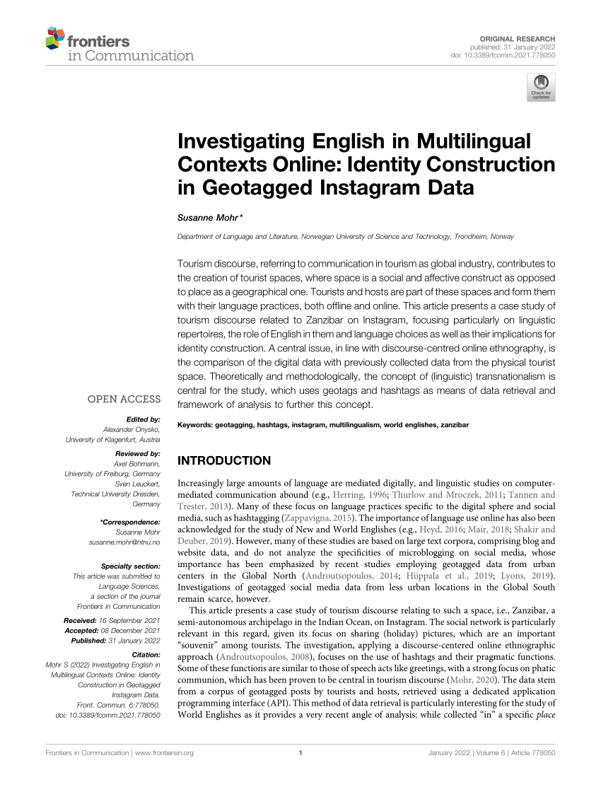 Pdf Investigating English In Multilingual Contexts Online Identity Construction In Geotagged Instagram Data