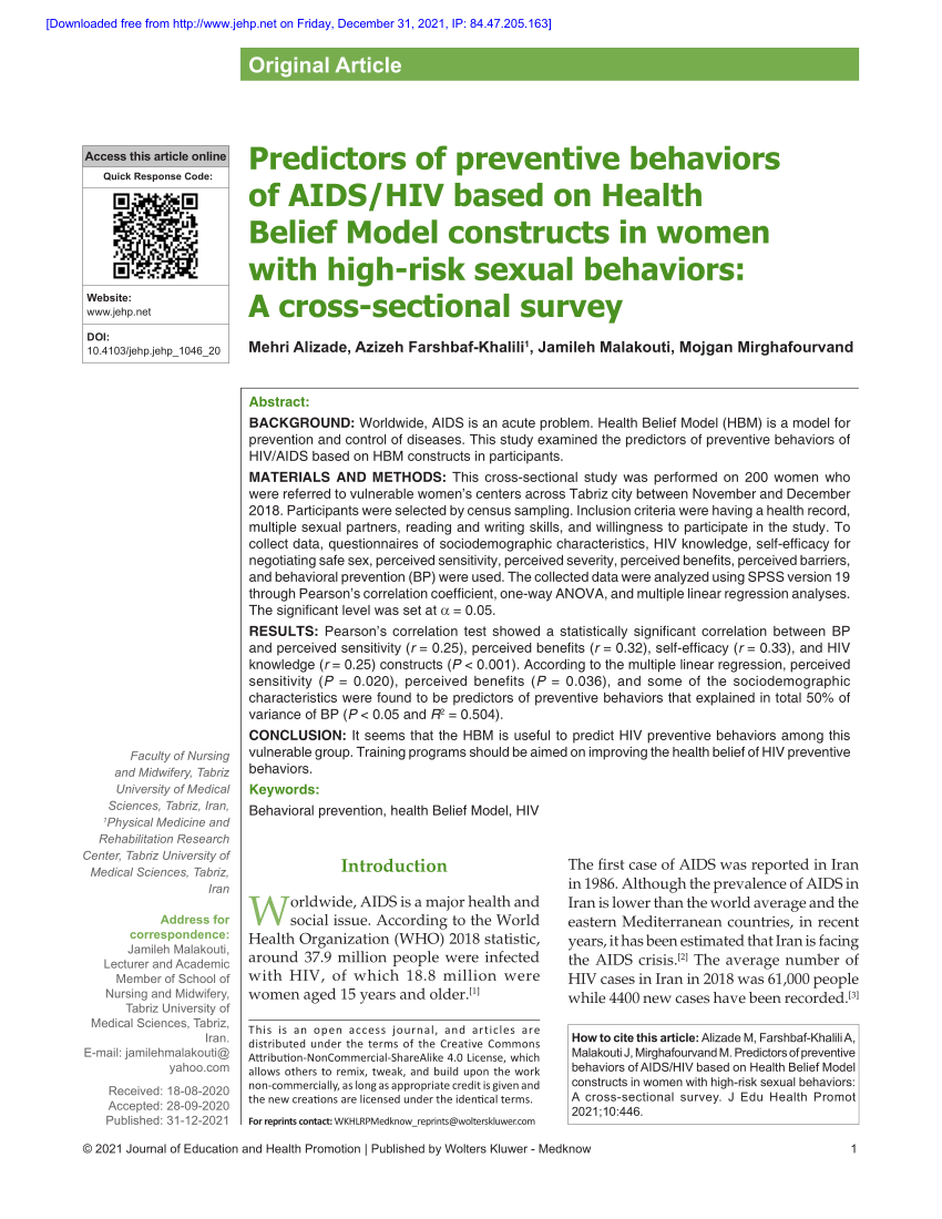 Pdf Predictors Of Preventive Behaviors Of Aids Hiv Based On Health Belief Model Constructs In