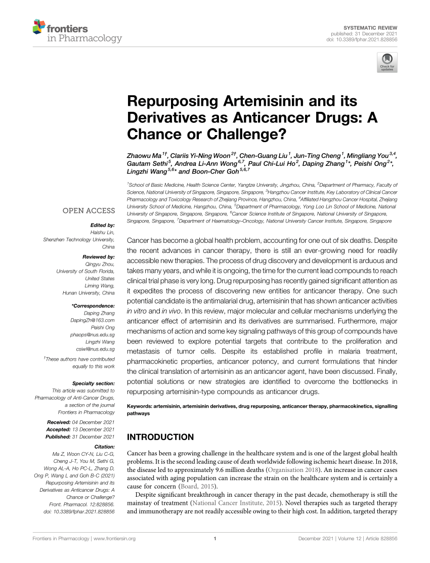 PDF) Repurposing Artemisinin and its Derivatives as Anticancer 