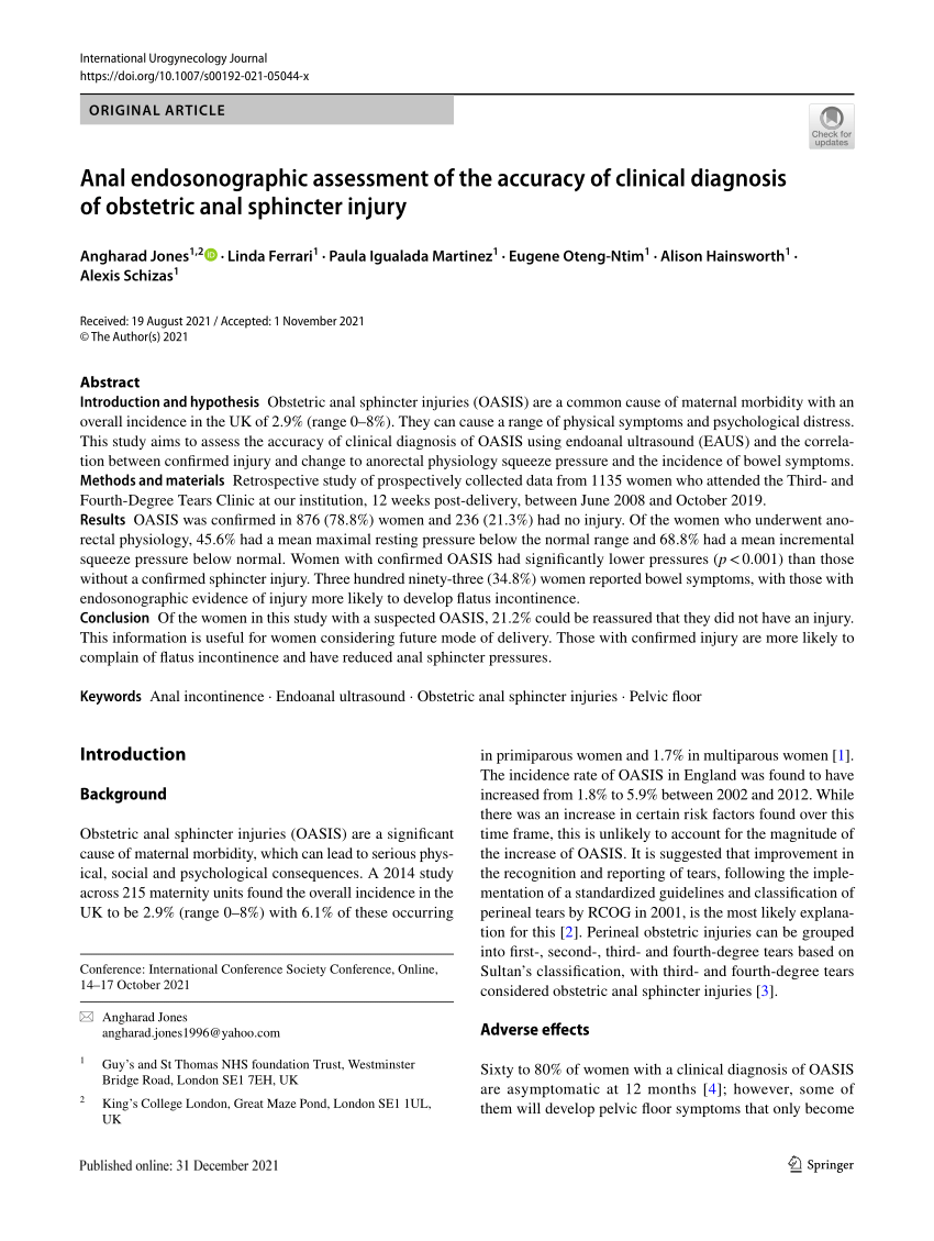 Pdf Anal Endosonographic Assessment Of The Accuracy Of Clinical Diagnosis Of Obstetric Anal 