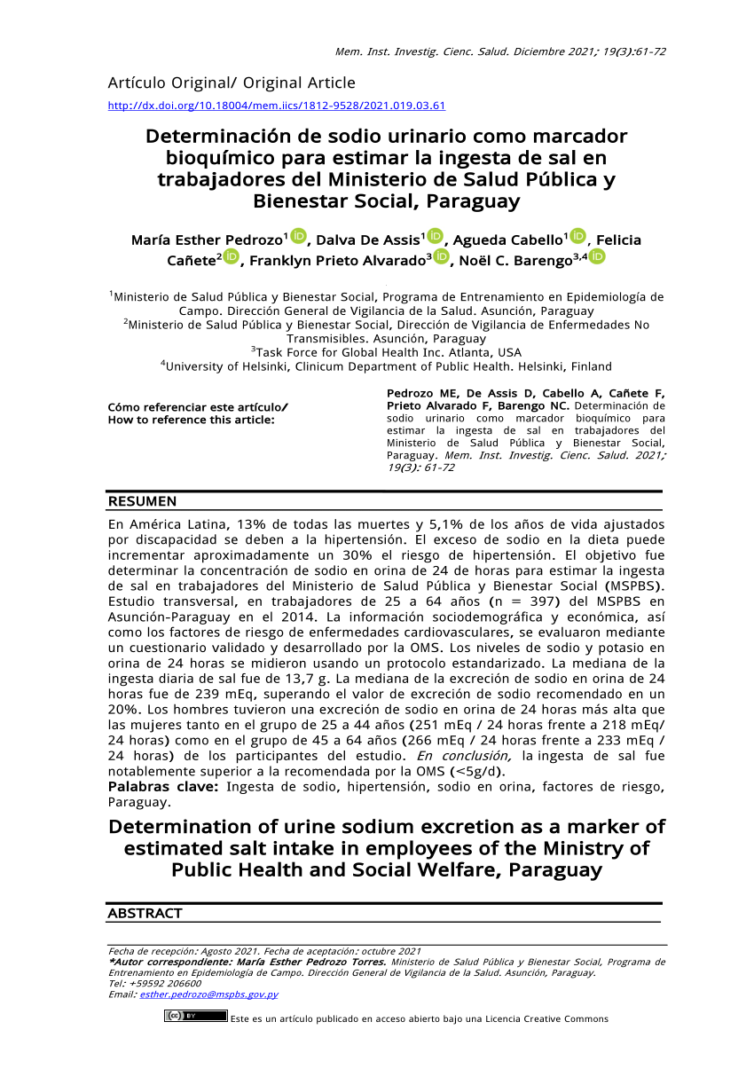 Pdf Determinación De Sodio Urinario Como Marcador Bioquímico Para Estimar La Ingesta De Sal En 5144