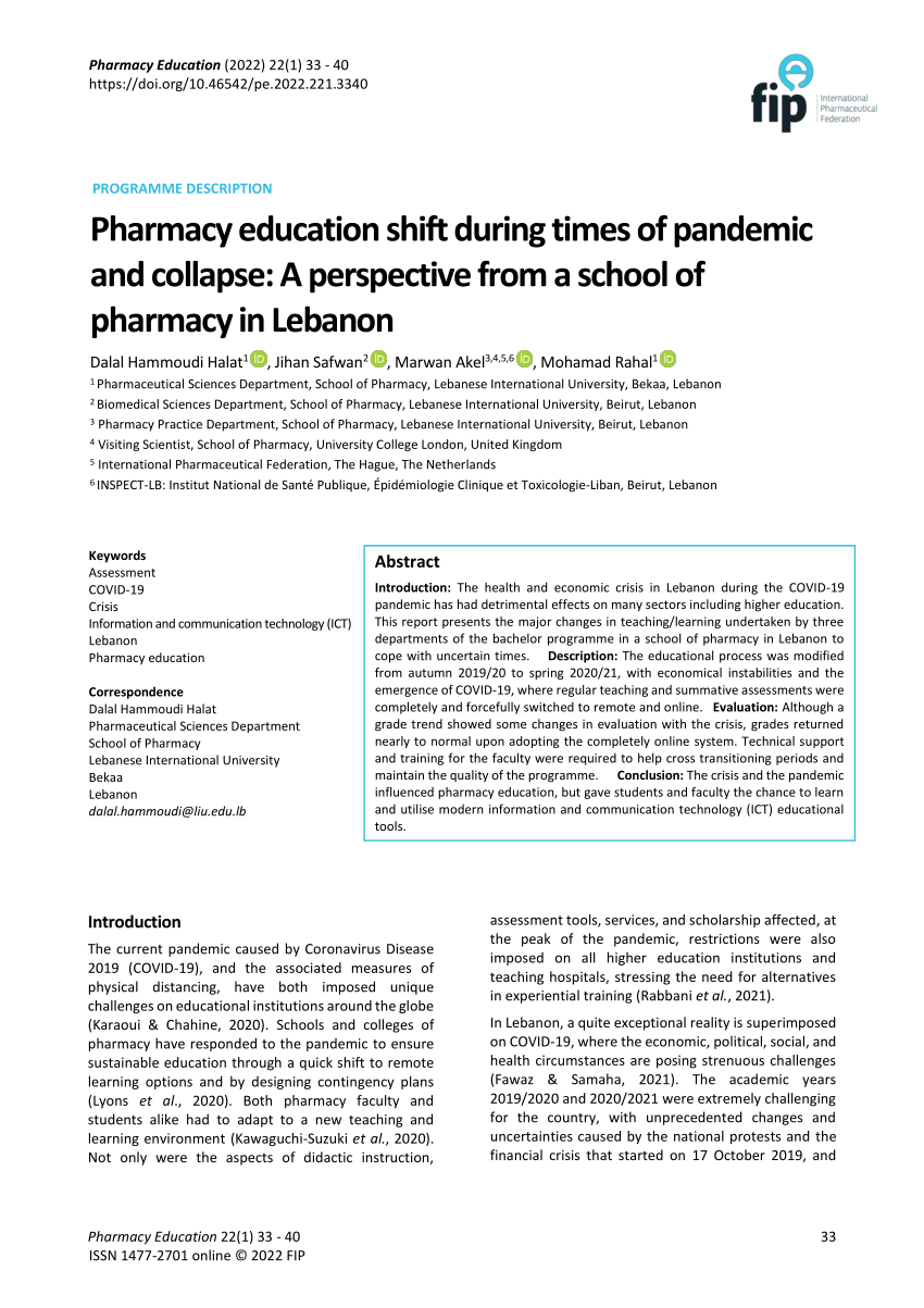 (PDF) Pharmacy education shift during times of pandemic and collapse A