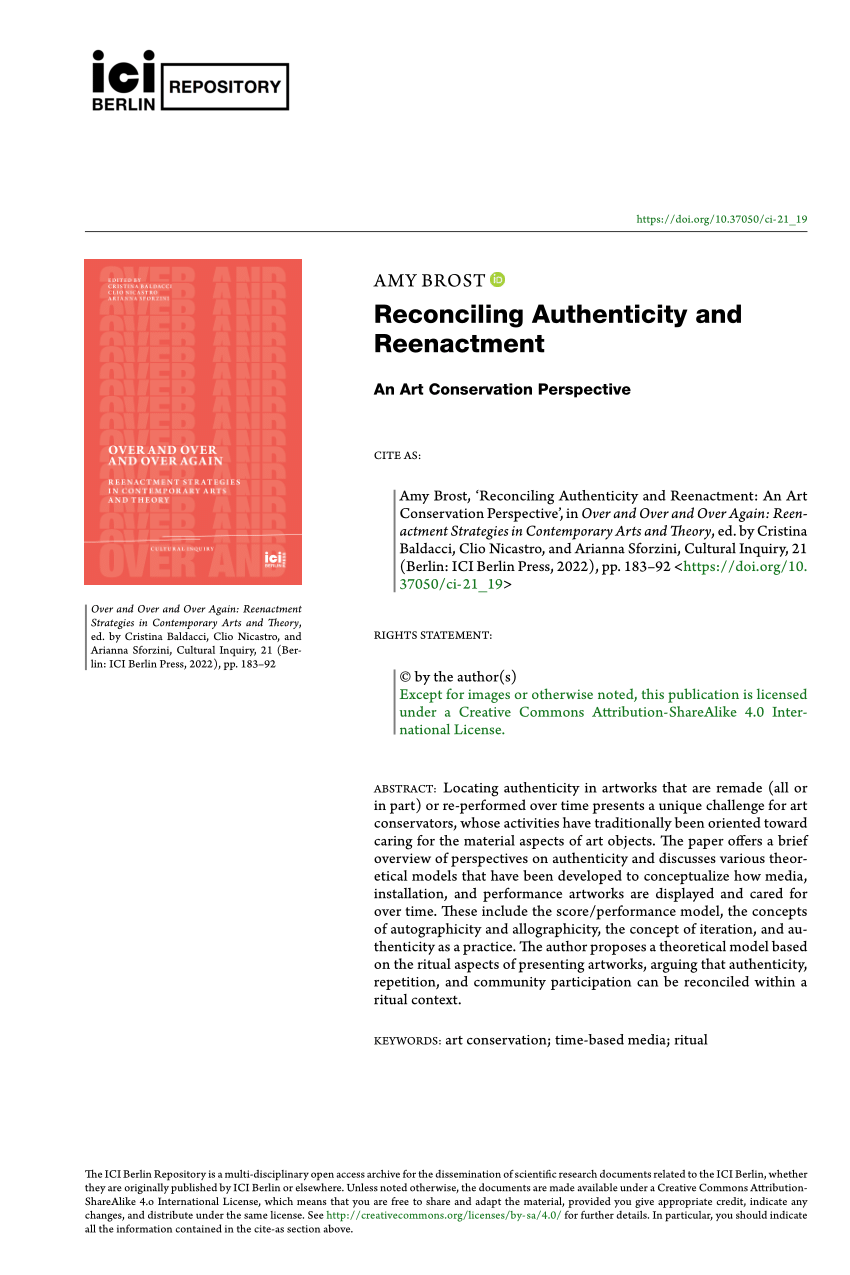 Pdf Reconciling Authenticity And Reenactment An Art Conservation Perspective