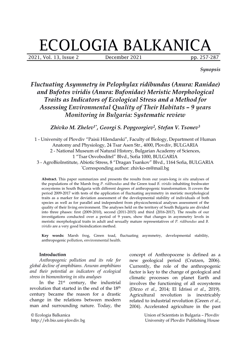 Pdf Fluctuating Asymmetry In Pelophylax Ridibundus Anura Ranidae And Bufotes Viridis Anura 9862