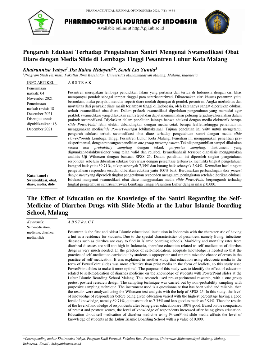 (PDF) PHARMACEUTICAL JOURNAL OF INDONESIA Pengaruh Edukasi Terhadap