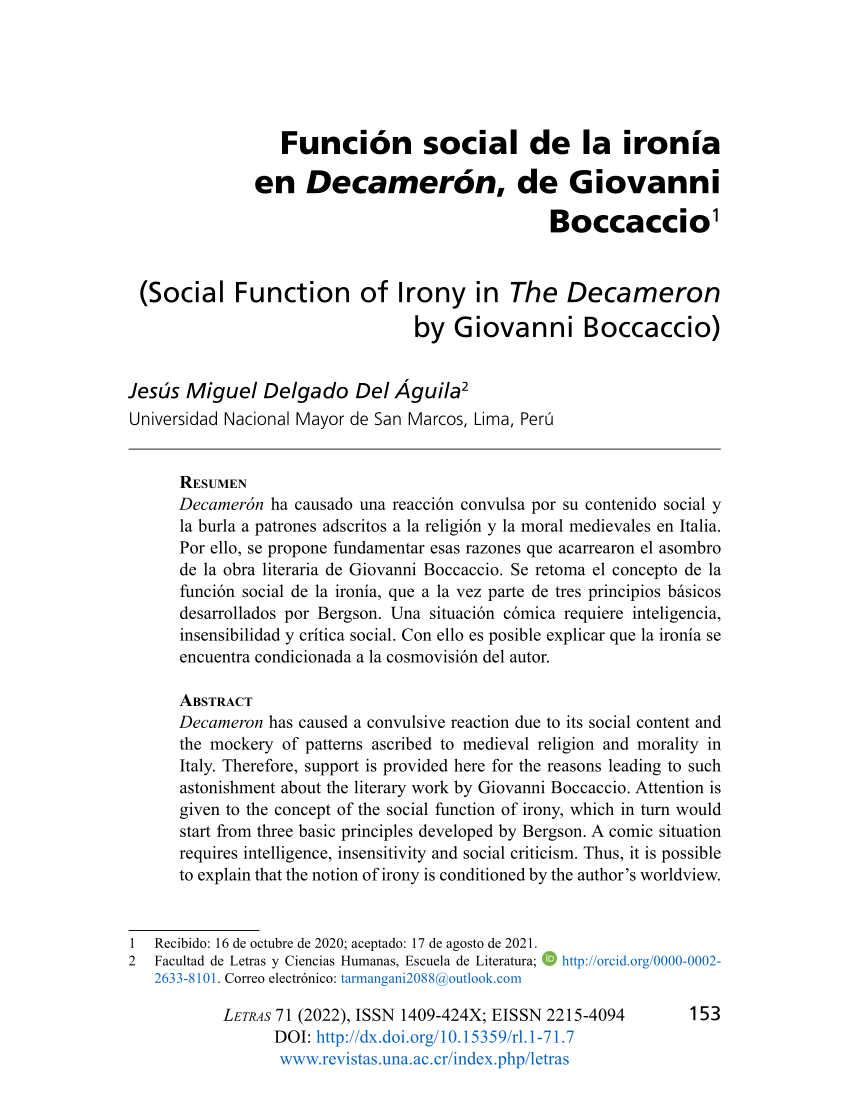 PDF) Función social de la ironía en Decamerón, de Giovanni Boccaccio