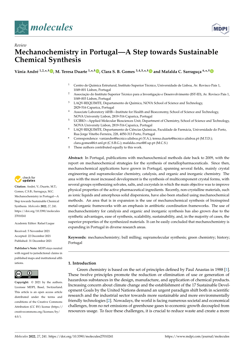 PDF) Mechanochemistry in Portugal—A Step towards Sustainable Chemical  Synthesis