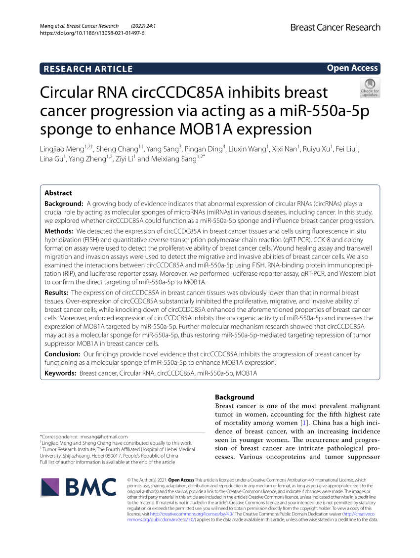 PDF) Circular RNA circCCDC85A inhibits breast cancer progression via acting  as a miR-550a-5p sponge to enhance MOB1A expression