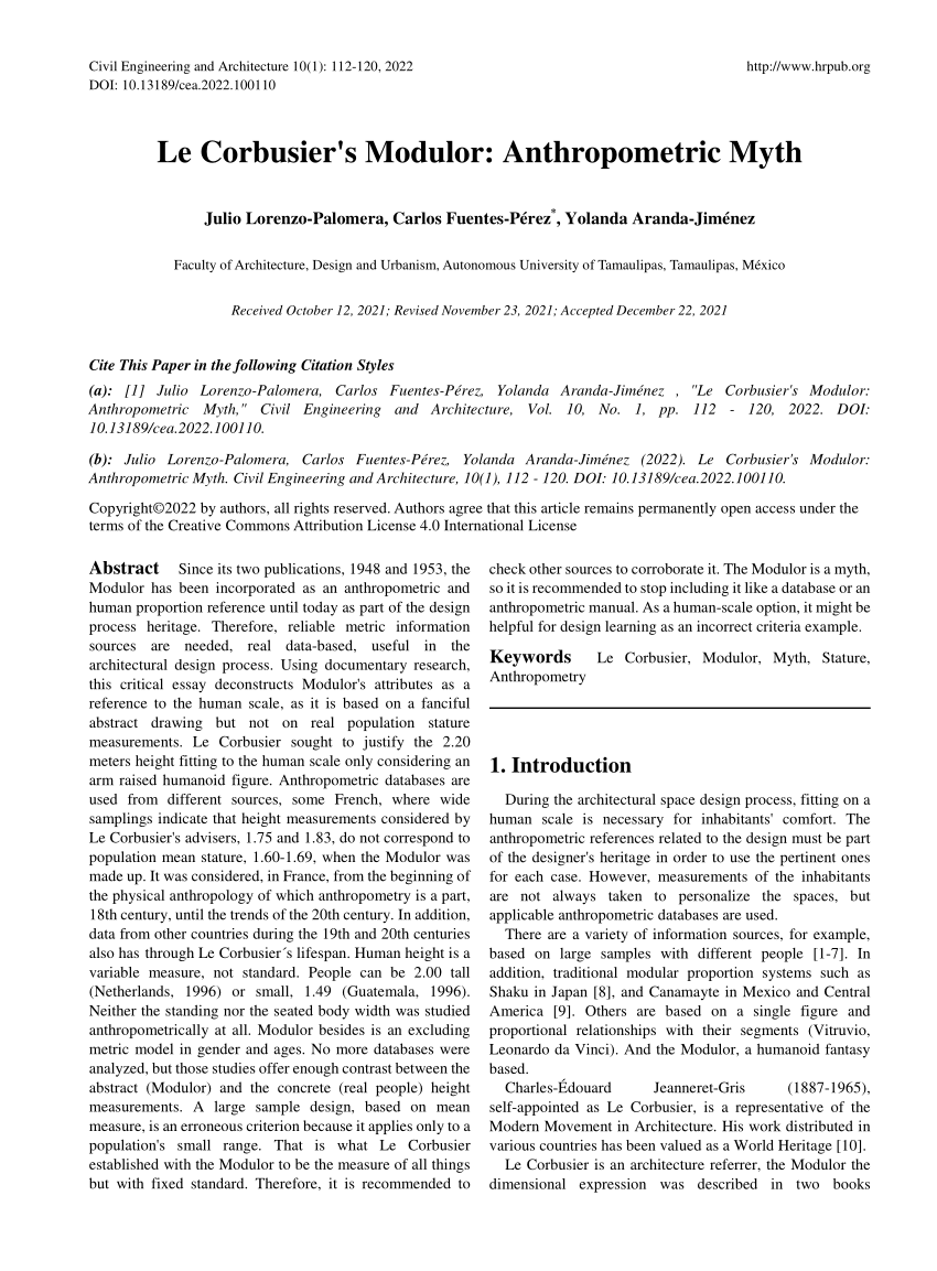 Pdf Le Corbusier S Modulor Anthropometric Myth