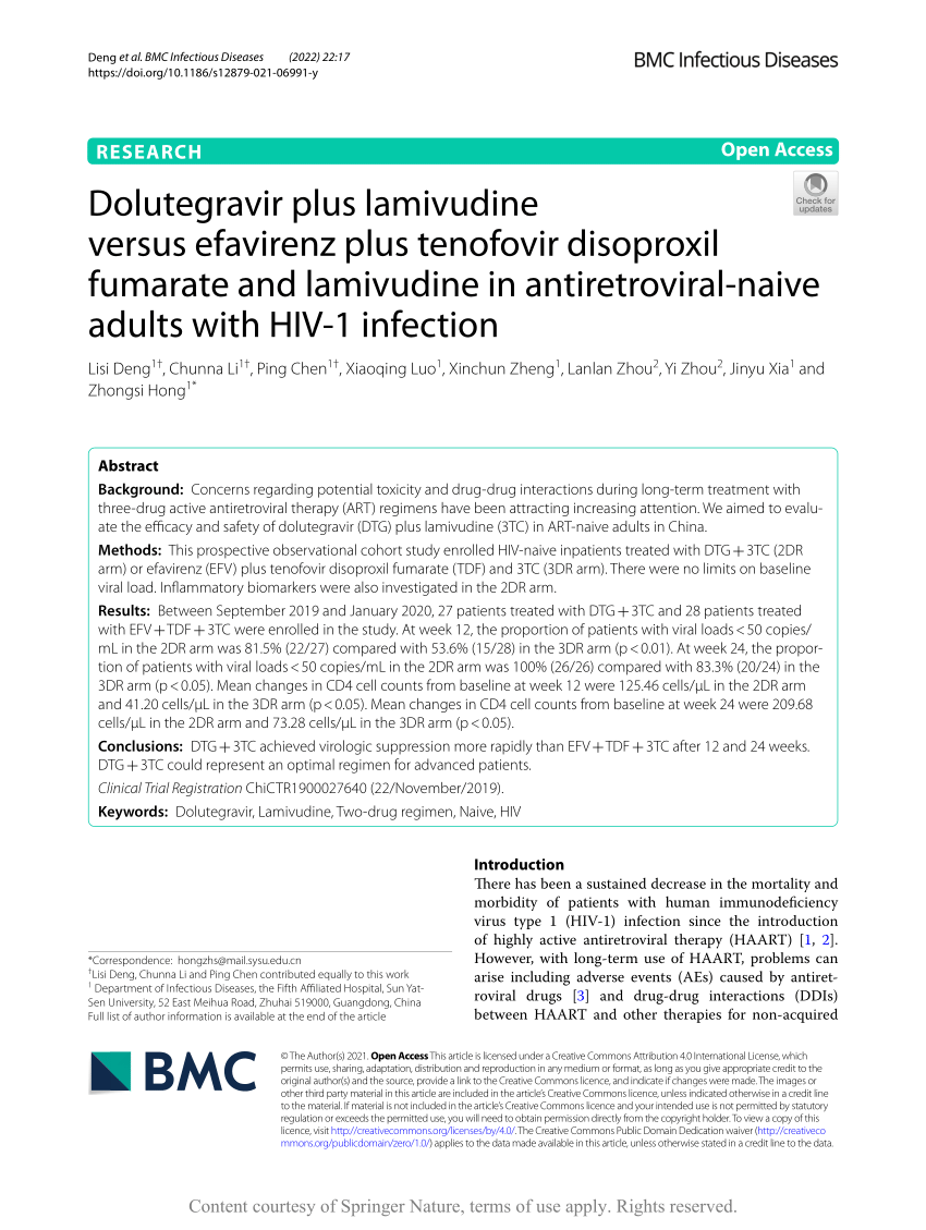 Pdf Dolutegravir Plus Lamivudine Versus Efavirenz Plus Tenofovir Disoproxil Fumarate And 