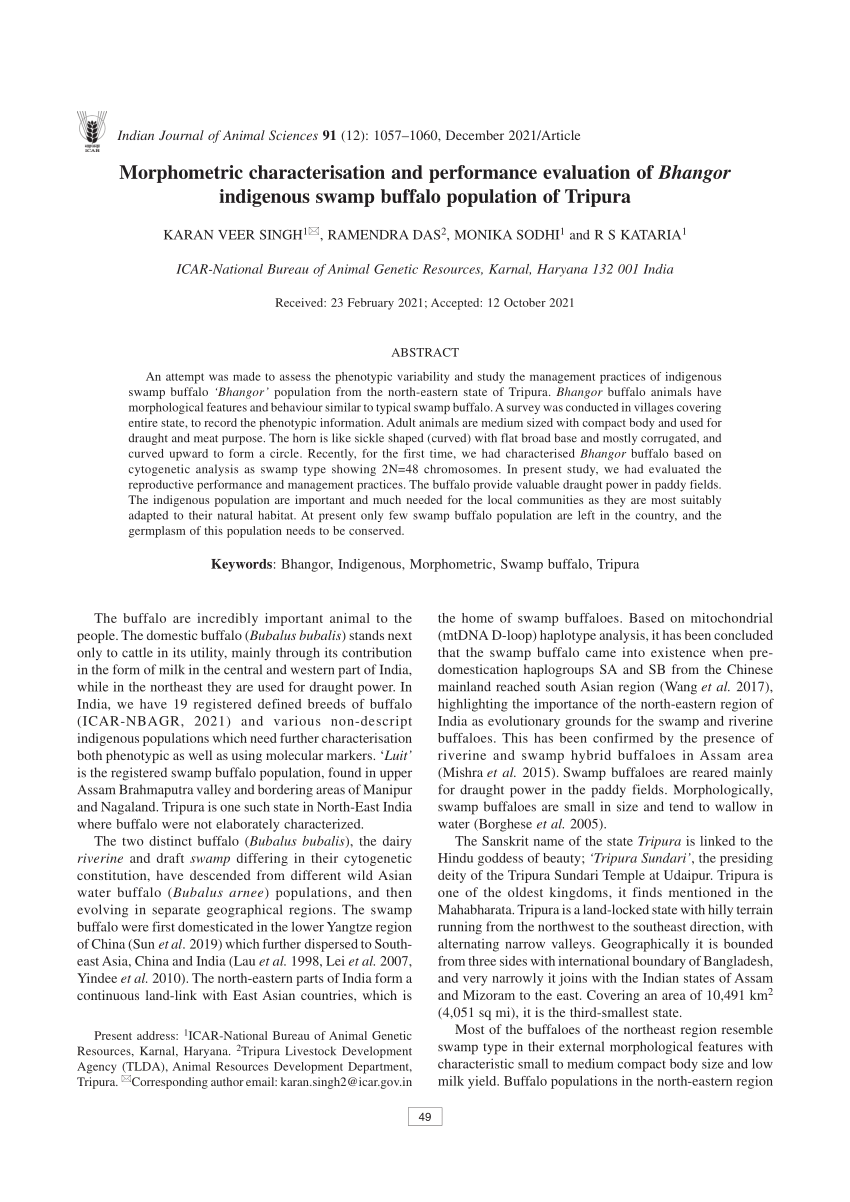 PDF) Morphometric characterisation and performance evaluation of Bhangor  indigenous swamp buffalo population of Tripura