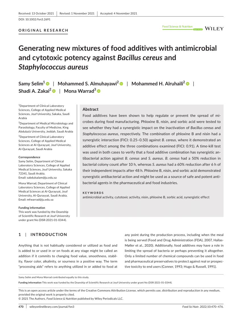 (PDF) Generating new mixtures of food additives with antimicrobial and  cytotoxic potency against Bacillus cereus and Staphylococcus aureus