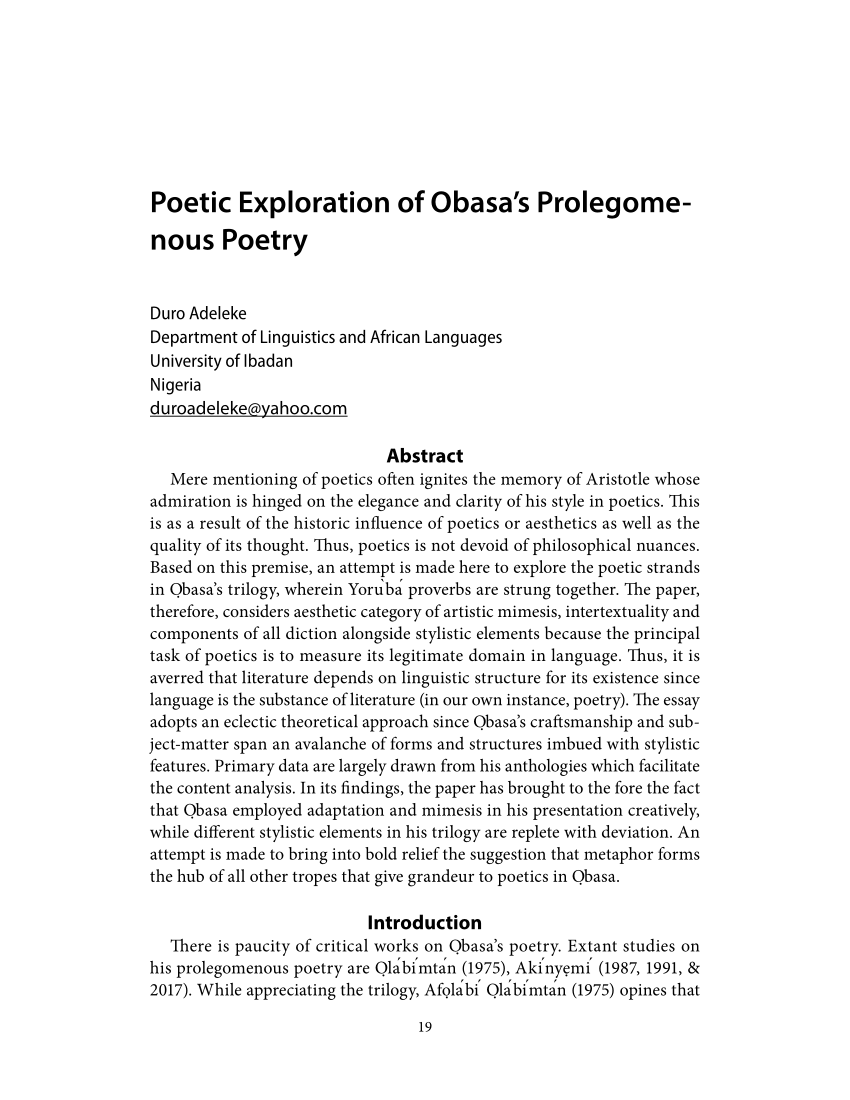 Pdf Poetic Exploration Of Obasa S Prolegomenous Poetry