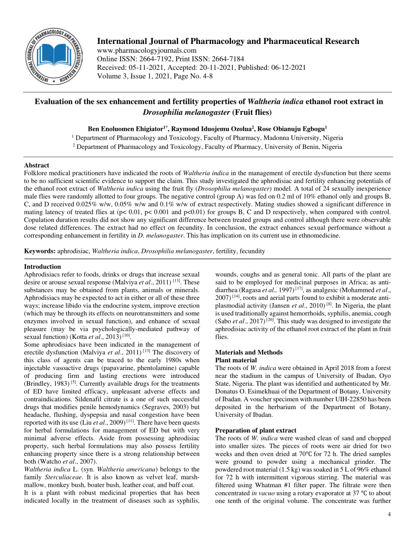 Pdf Evaluation Of The Sex Enhancement And Fertility Properties Of Waltheria Indica Ethanol 
