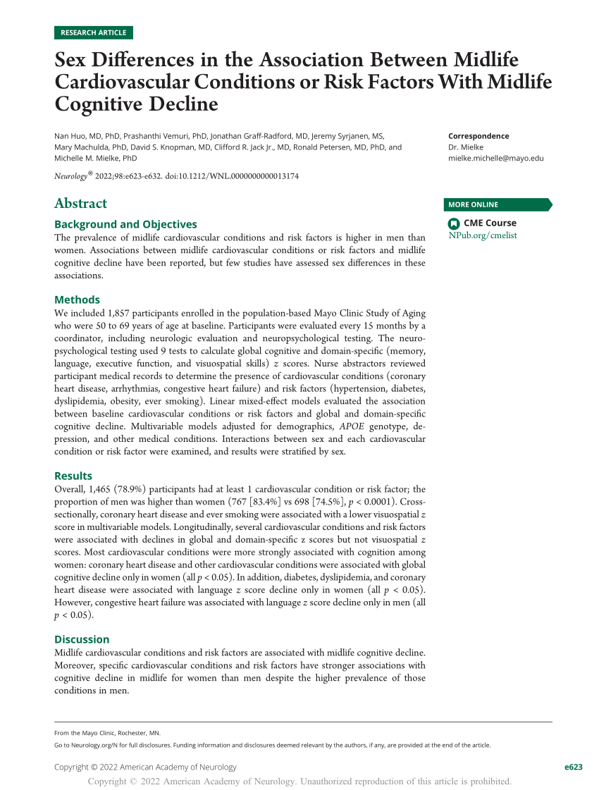 PDF) Sex Differences in the Association Between Midlife Cardiovascular  Conditions or Risk Factors With Midlife Cognitive Decline