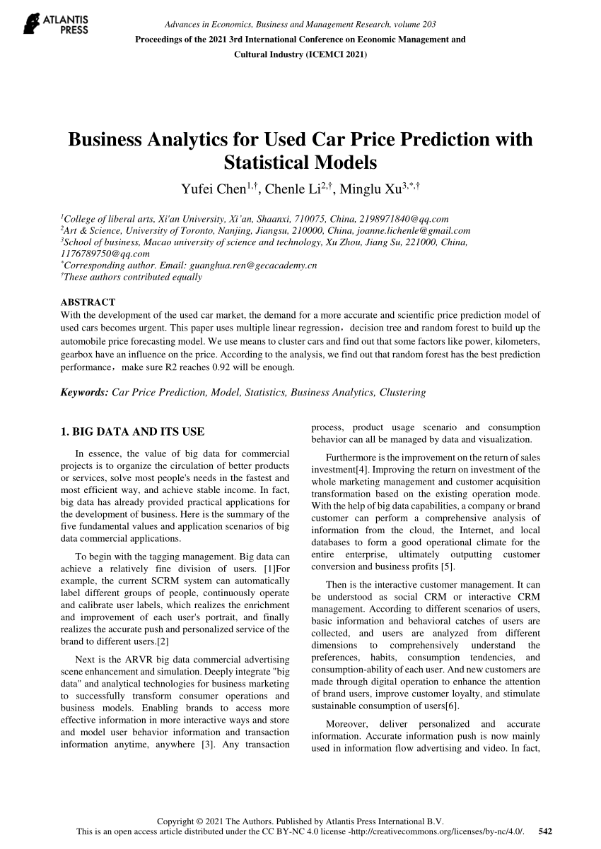 (PDF) Business Analytics for Used Car Price Prediction with Statistical