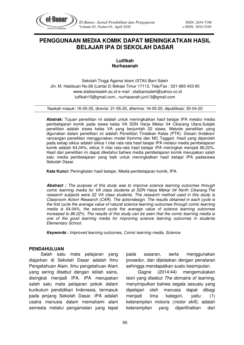 Pdf Penggunaan Media Komik Dapat Meningkatkan Hasil Belajar Ipa Di