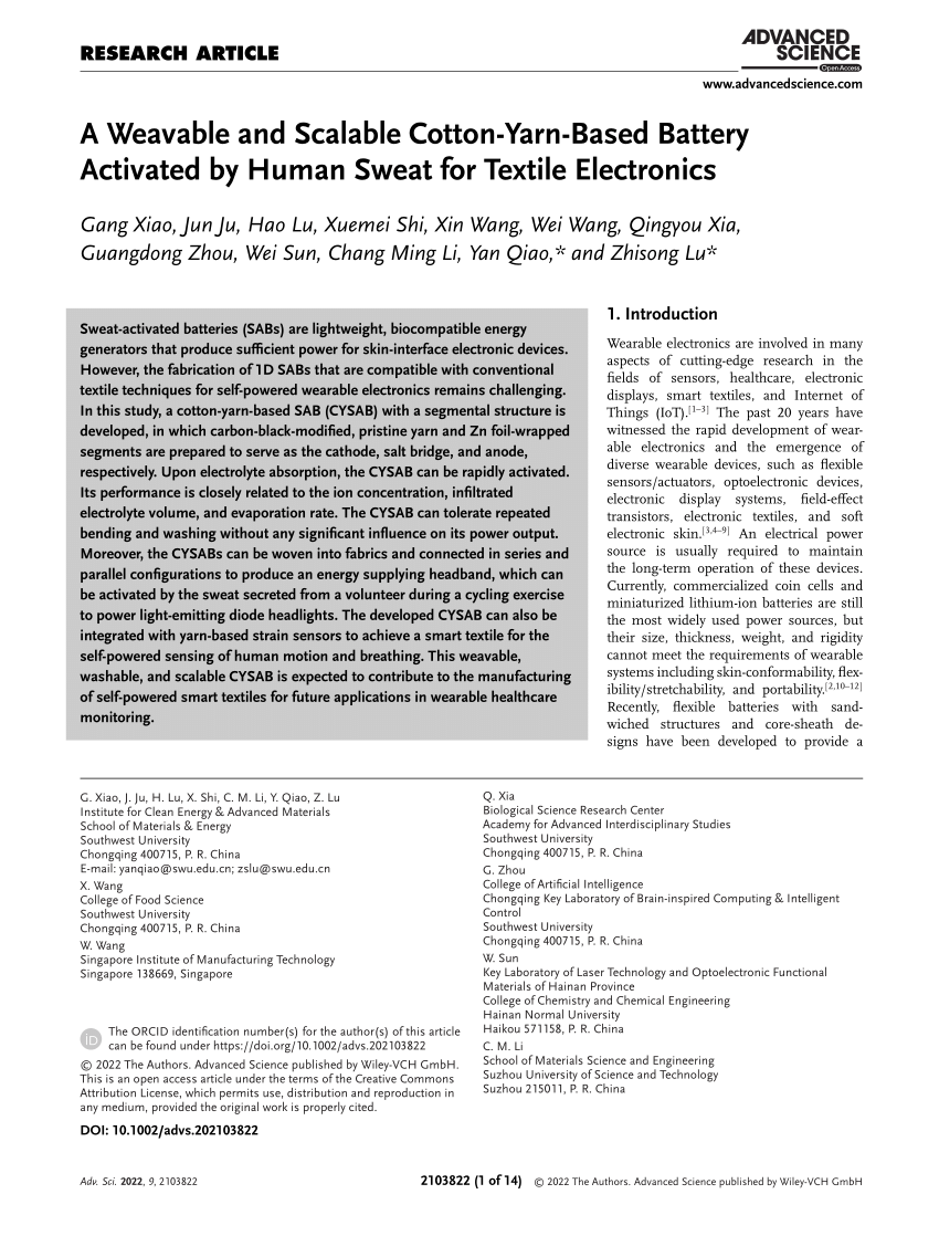 PDF) A Weavable and Scalable Cotton‐Yarn‐Based Battery Activated by Human  Sweat for Textile Electronics