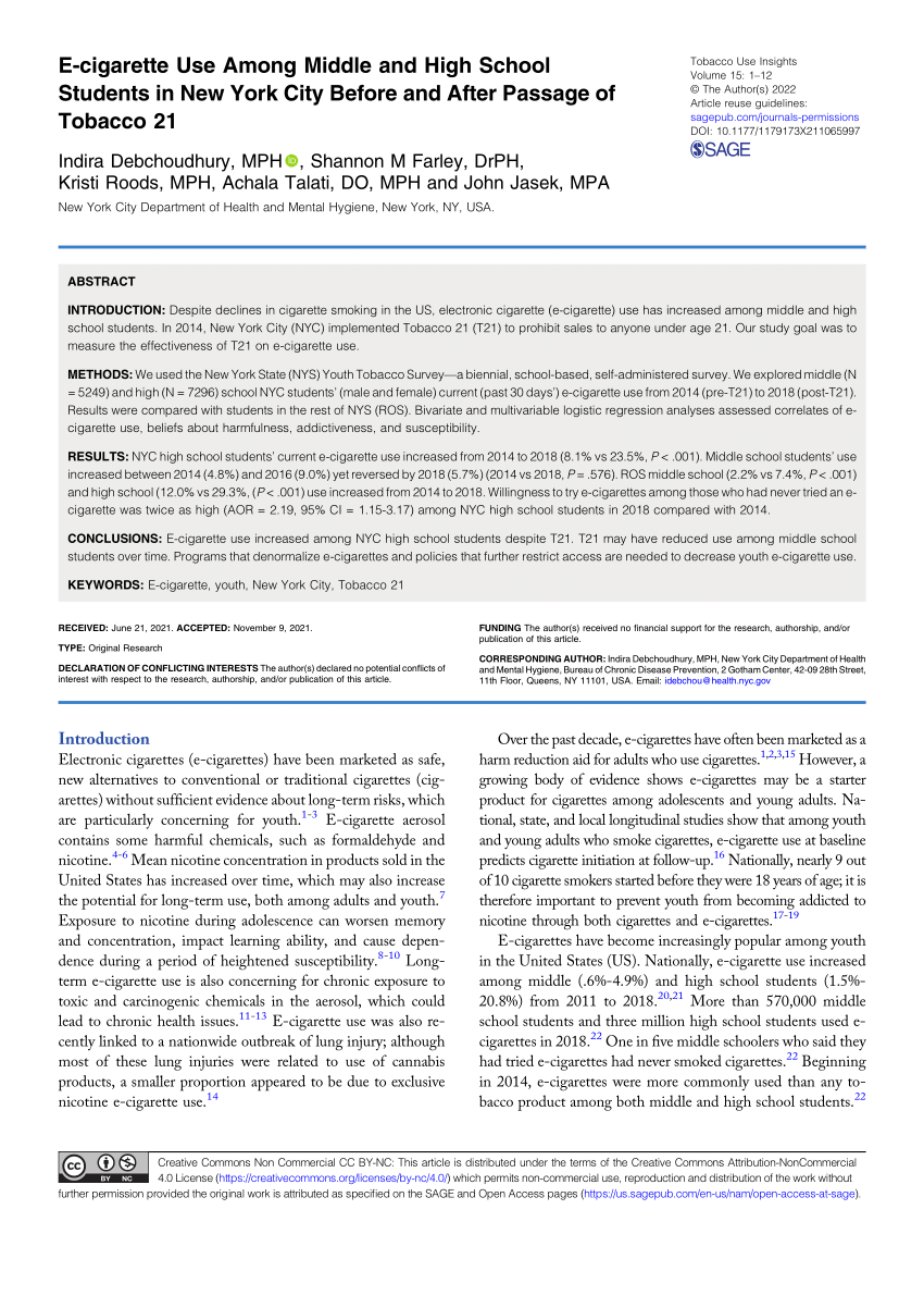 PDF E cigarette Use Among Middle and High School Students in