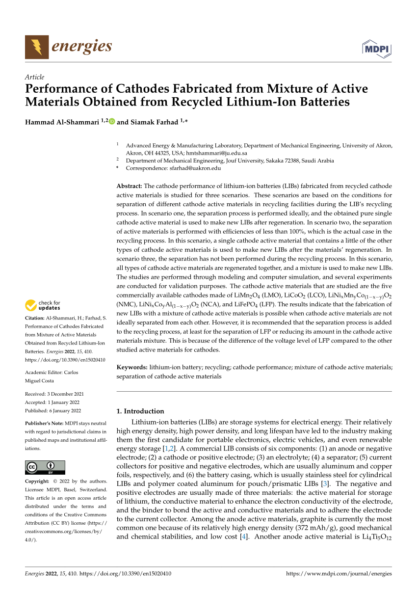 PDF) Performance of Active Recycled Cathodes Lithium-Ion from from Batteries Obtained of Materials Fabricated Mixture