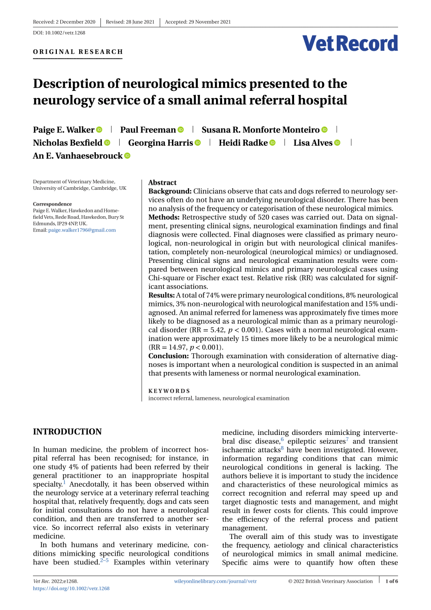 PDF) Description of neurological mimics presented to the neurology service  of a small animal referral hospital