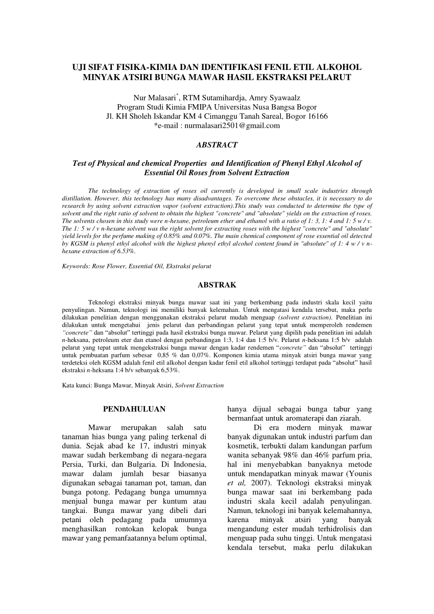 Pdf Uji Sifat Fisika Kimia Dan Identifikasi Fenil Etil Alkohol Minyak