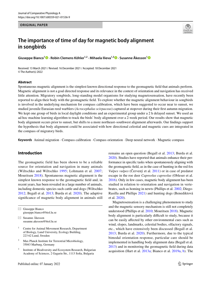 PDF) The importance of time of for magnetic body alignment in songbirds