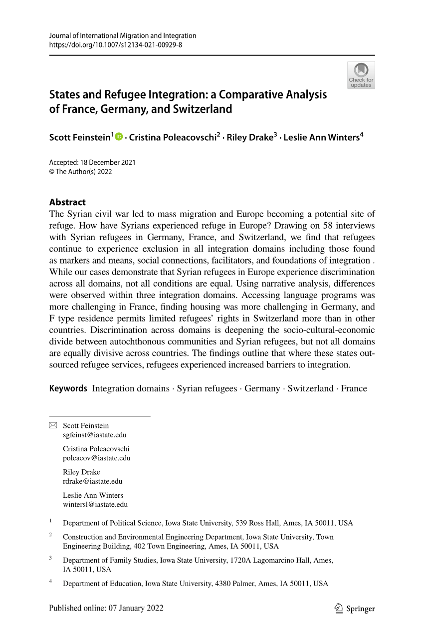 (PDF) States and Refugee Integration: a Comparative Analysis of France, Germany, and Switzerland