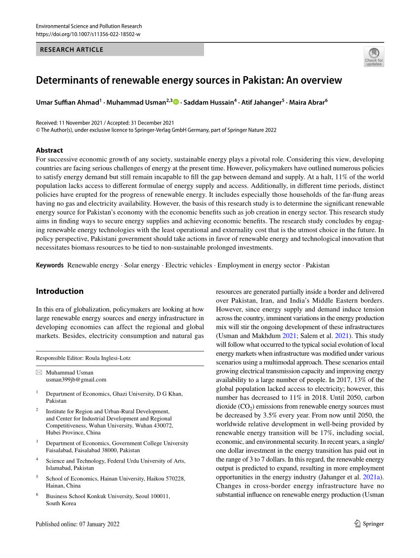 PDF) Determinants of renewable energy sources in Pakistan: An overview