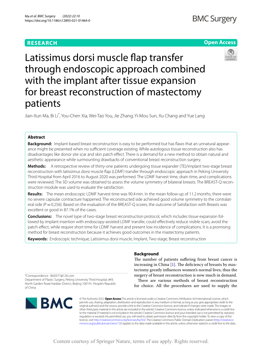 PDF) Latissimus dorsi muscle flap transfer through endoscopic approach  combined with the implant after tissue expansion for breast reconstruction  of mastectomy patients