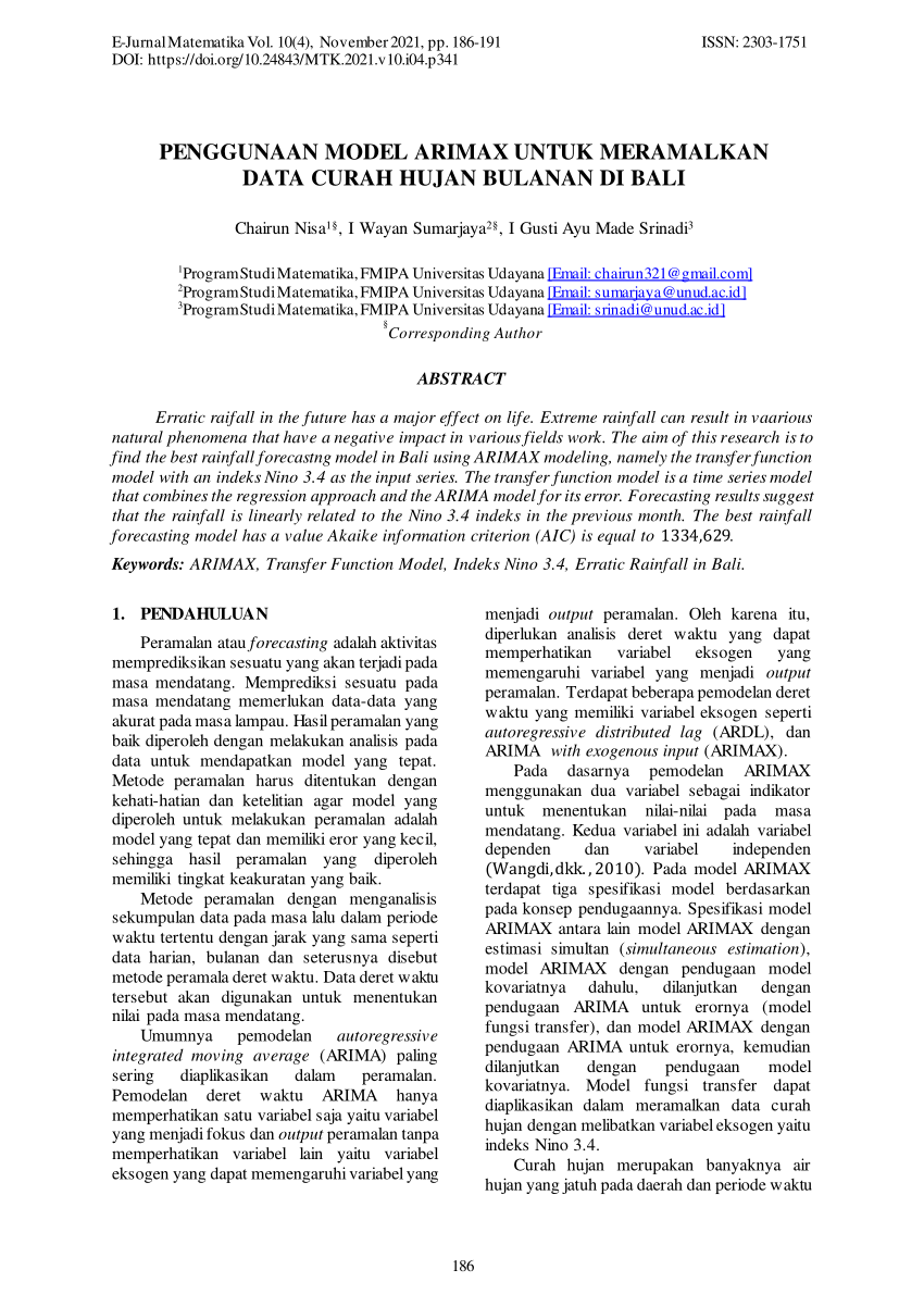 Pdf Penggunaan Model Arimax Untuk Meramalkan Data Curah Hujan Bulanan Di Bali 5697