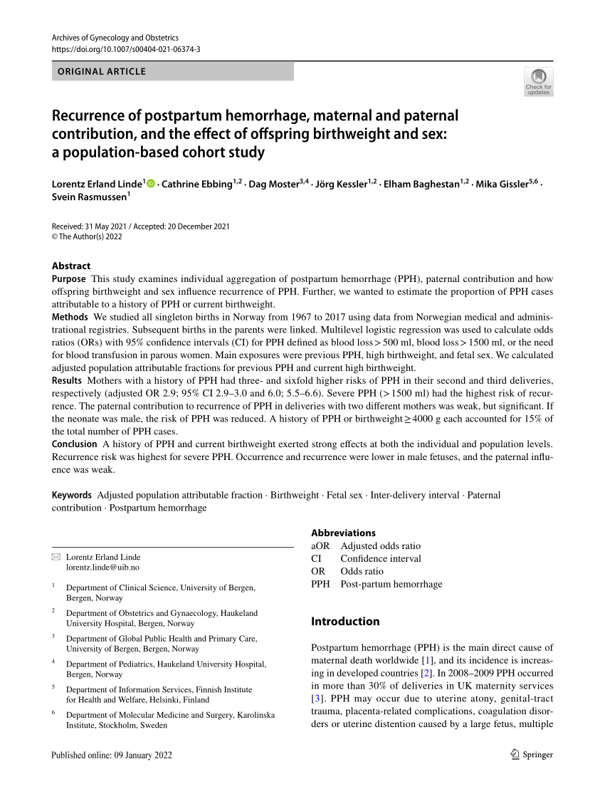 Pdf Recurrence Of Postpartum Hemorrhage Maternal And Paternal