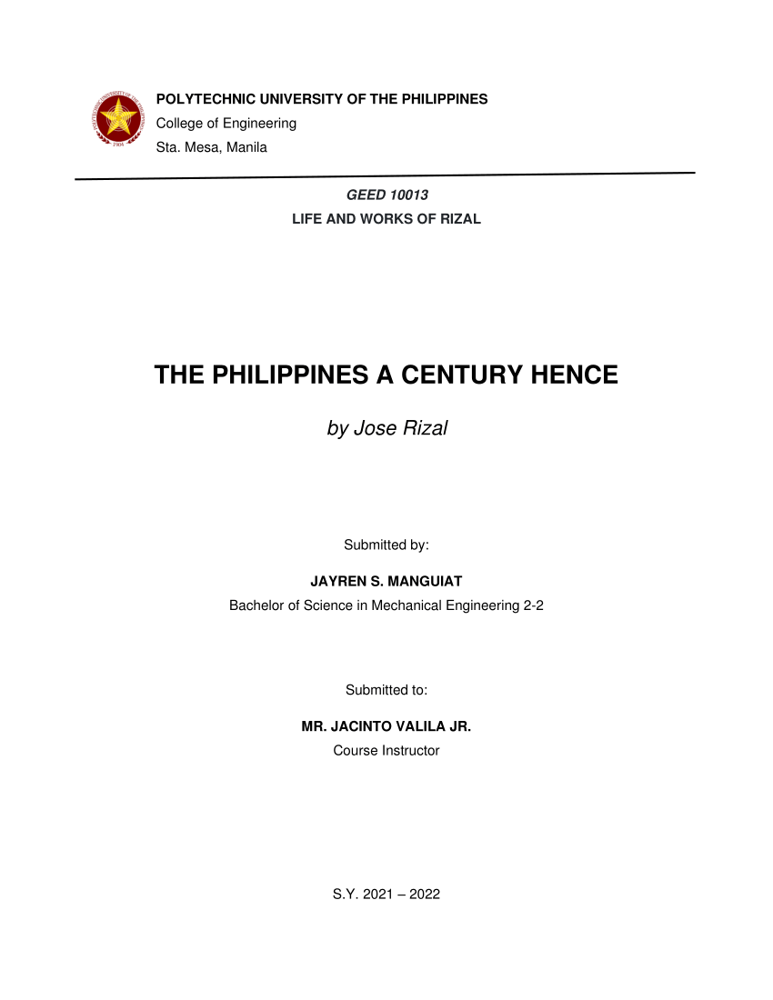 PDF THE PHILIPPINES A CENTURY HENCE By Rizal   Largepreview 