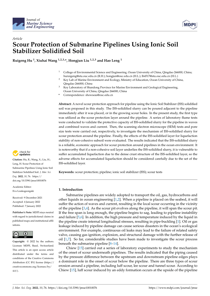 Pdf Scour Protection Of Submarine Pipelines Using Ionic Soil Stabilizer Solidified Soil