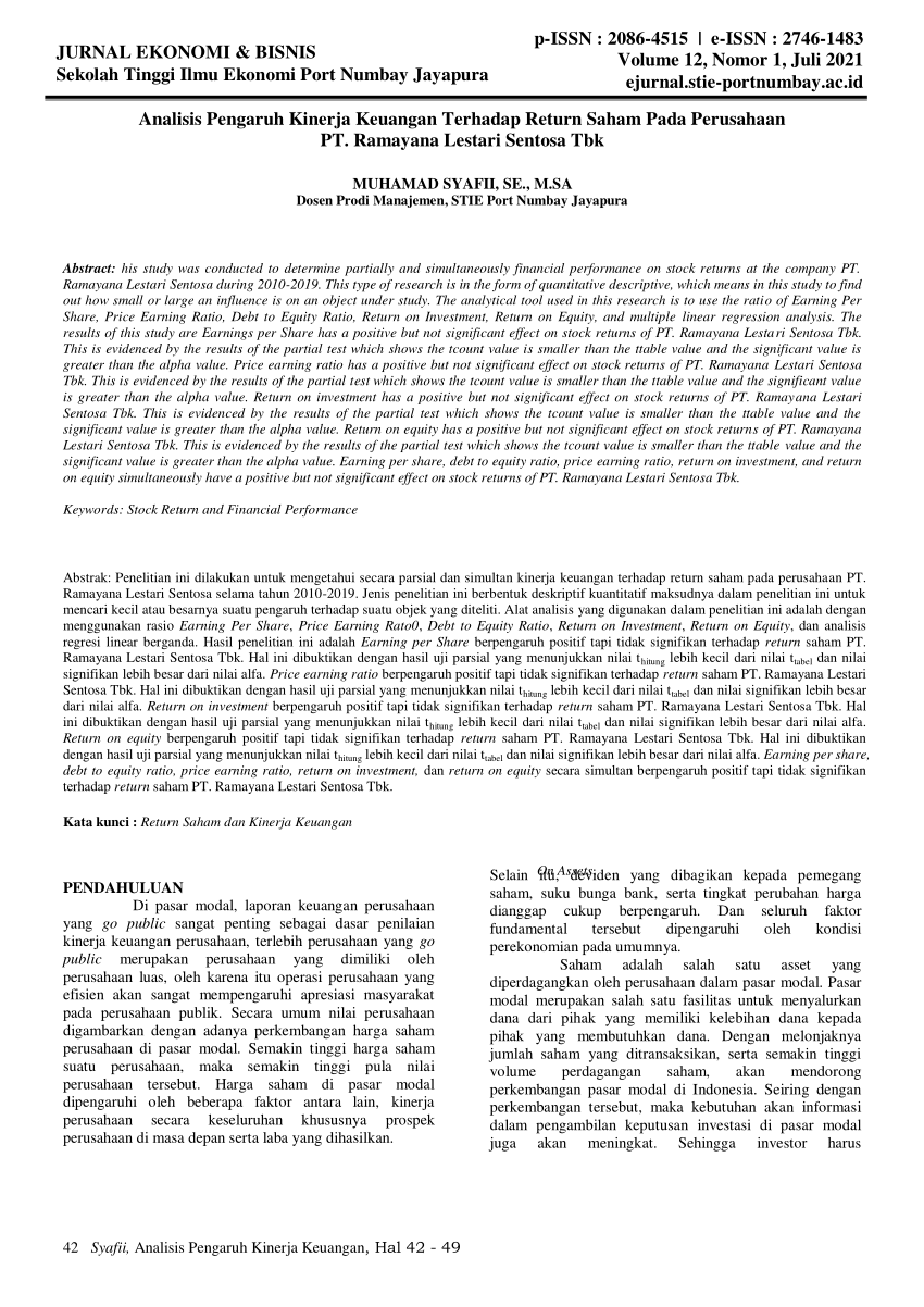 Pdf Analisis Pengaruh Kinerja Keuangan Terhadap Return Saham Pada Perusahaan Pt Ramayana 2386