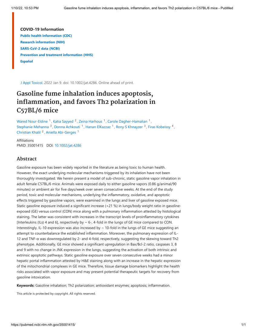 PDF Gasoline fume inhalation induces apoptosis inflammation and  