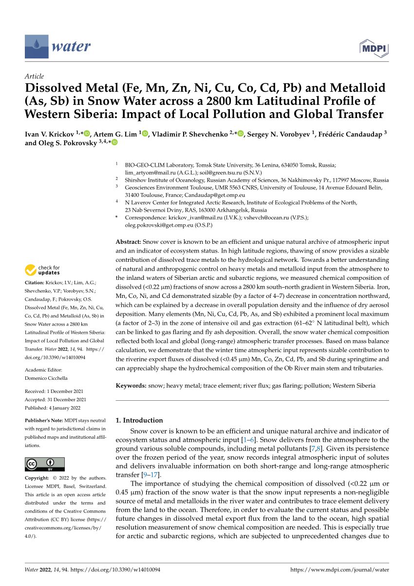 PDF) Dissolved Metal (Fe, Mn, Zn, Ni, Cu, Co, Cd, Pb) and Metalloid (As,  Sb) in Snow Water across a 2800 km Latitudinal Profile of Western Siberia:  Impact of Local Pollution and