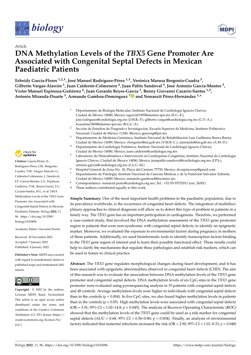 PDF) DNA Methylation Levels of the TBX5 Gene Promoter Are Associated with  Congenital Septal Defects in Mexican Paediatric Patients