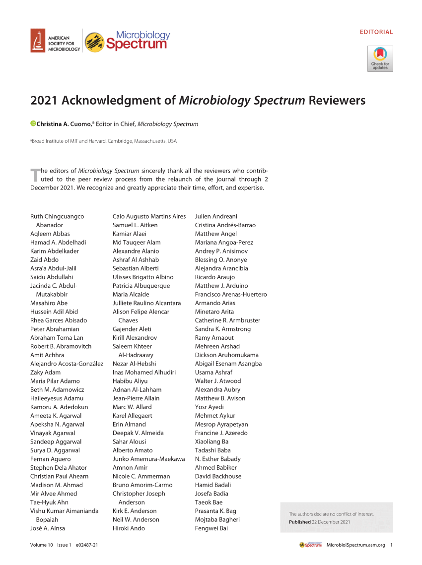 (PDF) 2021 Acknowledgment of Microbiology Spectrum Reviewers
