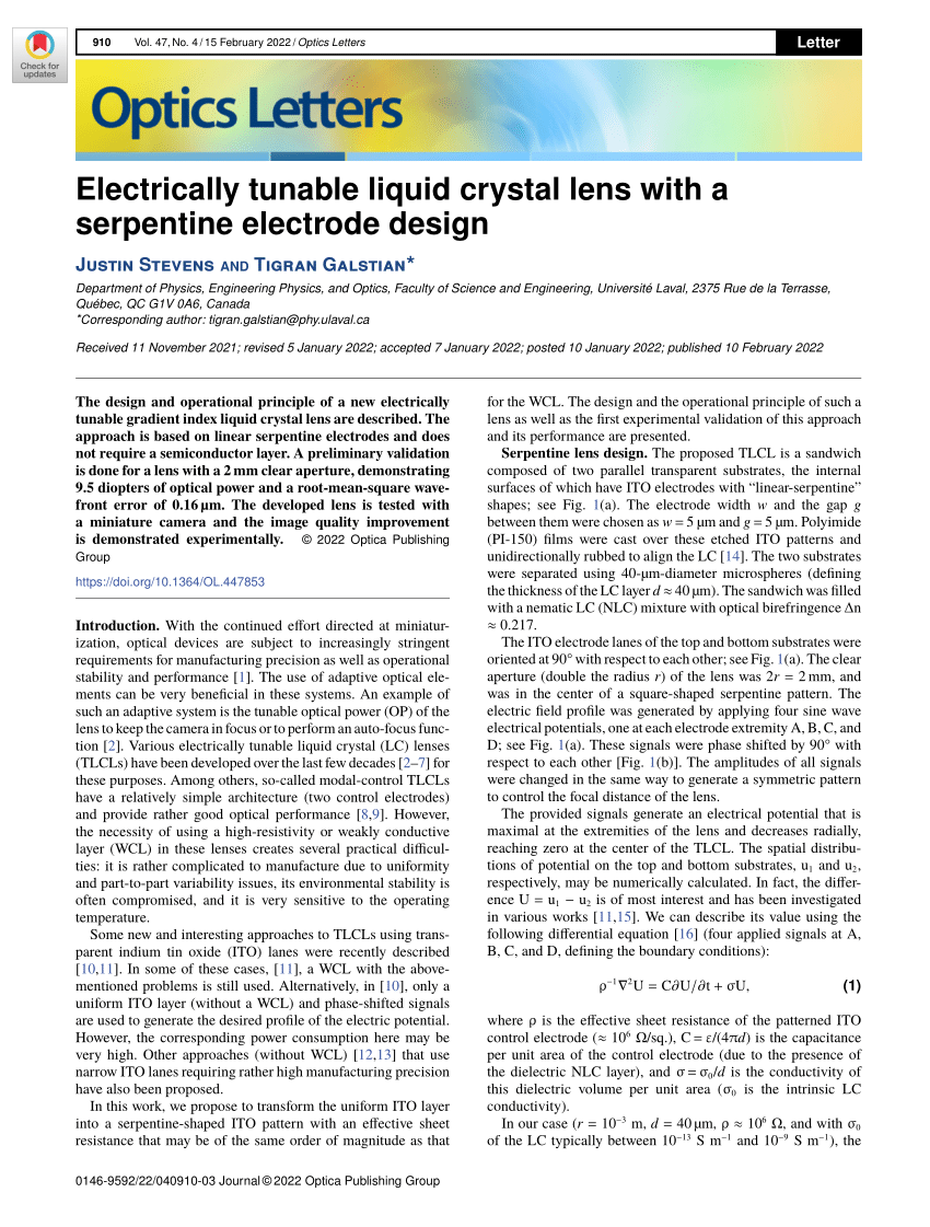 (PDF) Electrically tunable liquid crystal lens with serpentine ...