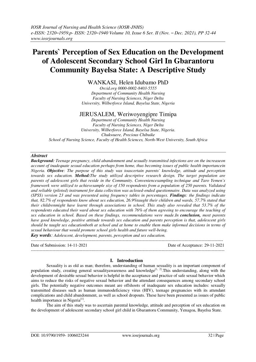 PDF) Parents` Perception of Sex Education on the Development of Adolescent  Secondary School Girl In Gbarantoru Community Bayelsa State: A Descriptive  Study