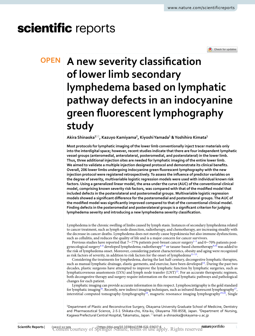 A new severity classification of lower limb secondary lymphedema based on  lymphatic pathway defects in an indocyanine green fluorescent lymphography  study