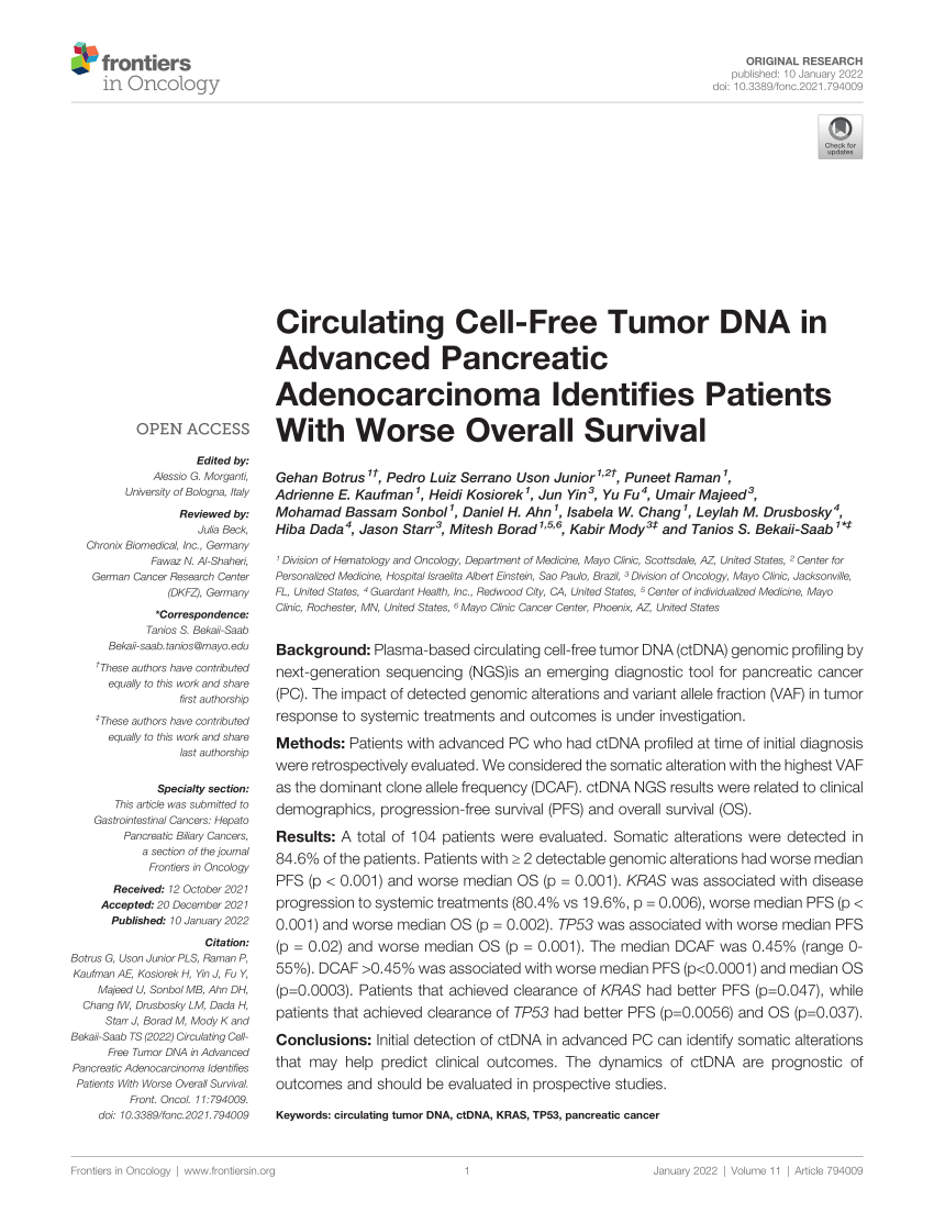 PDF Circulating Cell Free Tumor DNA in Advanced Pancreatic  