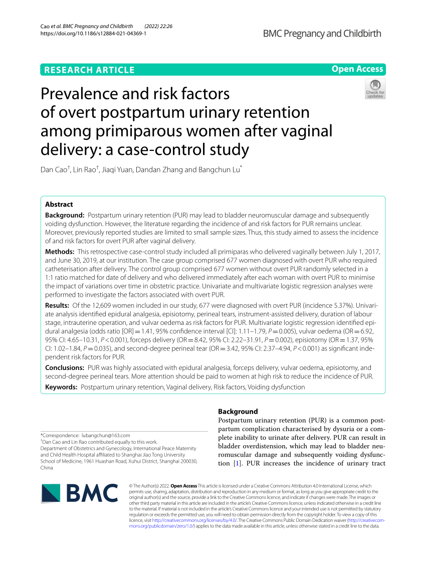 PDF) Prevalence and risk factors of overt postpartum urinary retention  among primiparous women after vaginal delivery: a case-control study